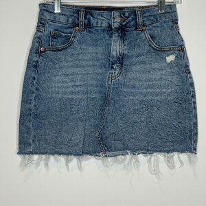 Wild Fable Denim Mini Skirt Size 8 Blue Stretch Distressed Raw Hem Casual